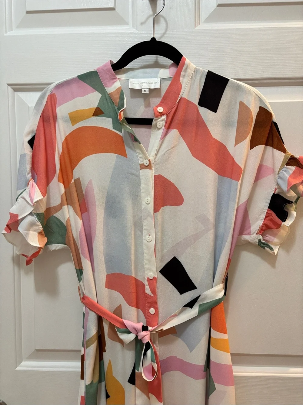 Corey Lynn Calter Abstract Print Button-Front Shirtdress Ruffle Hem Small ._4